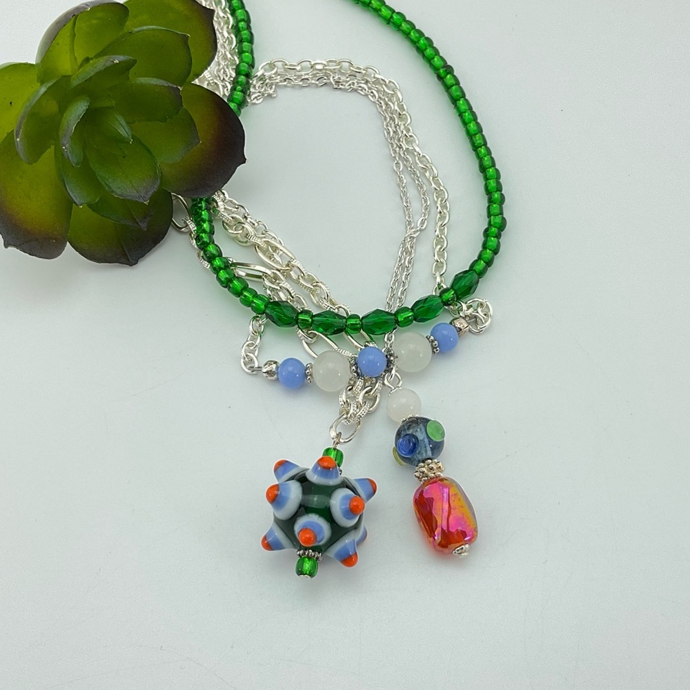 Colorful Necklace Set, Handmade, Art Glass, Crystals, Vtg Beads, Lamp Work Beads - Picture 6 of 11